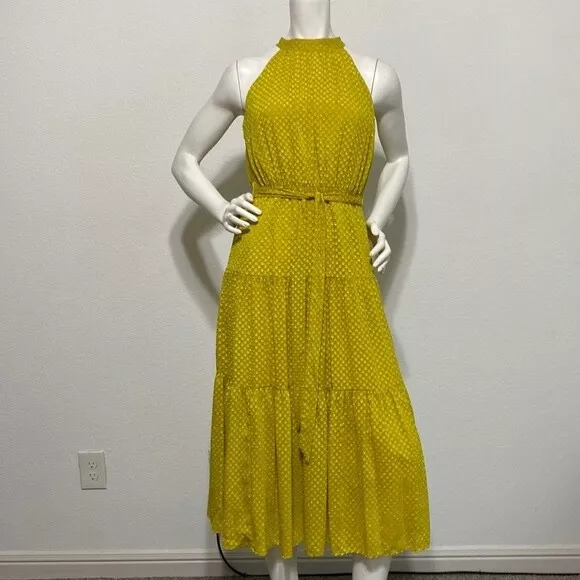 Nanette Lepore Tiered Midi Dress Eve Green Yellow Sz 14 Belted Silky NWT$168