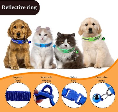 18 PCS Reflective Puppy Collars With Bells - Adjustable Cat-Head Safety Buckle For Newborn Puppies, Kittens & Small Pets