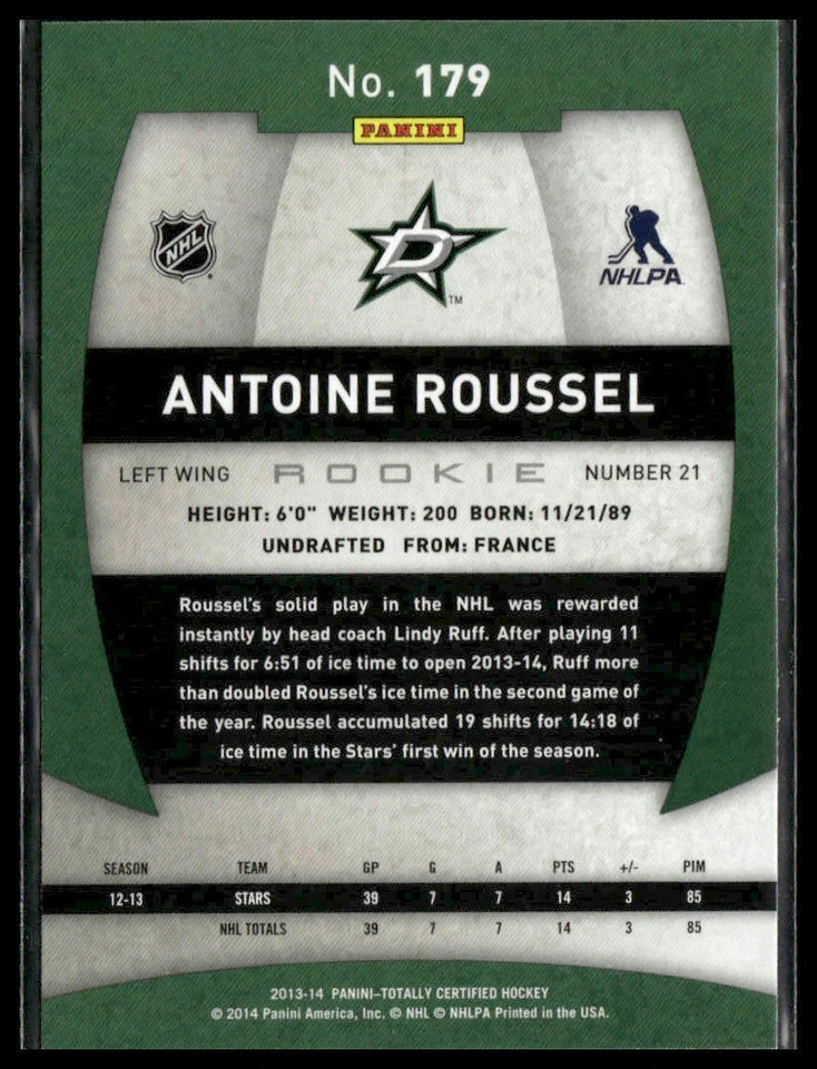 2013-14 Panini Totally Certified #179 Antoine Roussel Rookie Dallas Stars - Image 2 of 2