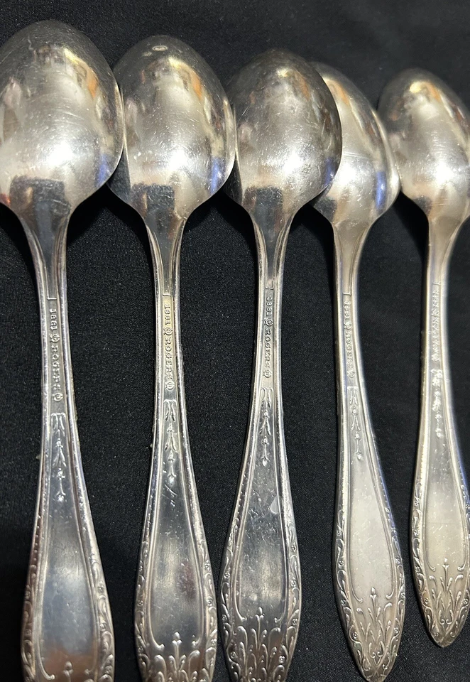 "6 cucharas de postre Rogers MYSTIC CORONET 1881 6"" cucharaditas plato de plata cubiertos" Foto 4 de 4