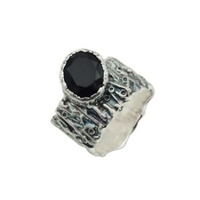 Bague en argent sterling 925 véritable pierre précieuse onyx noir gravée oxyd...