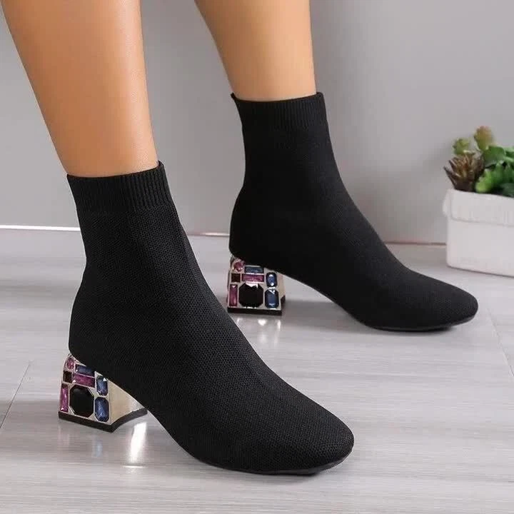 Fashion High Heels Rhinestone Comfort Slip-on Sexy Boots Knit Sock Short Boots - Image 4 of 4