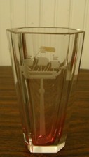 Vintage USSR Glass Vase Etched Ship 5.6" tall