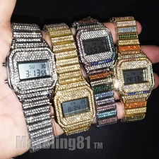 DIGITAL ICED STAINLESS STEEL BLING SIMULATED DIAMOND METAL BAND DATE ALARM WATCH