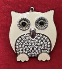 VINTAGE METAL OWL BIRD ORNAMENT ENAMEL PENDANT WITH RHINESTONES