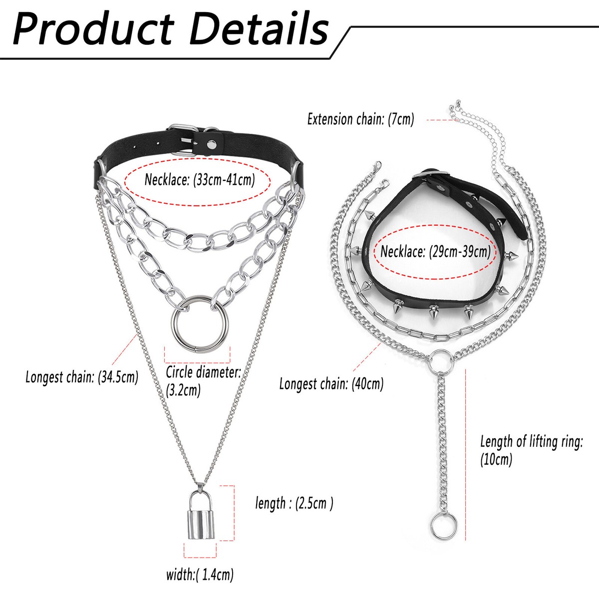 2pcs Women Punk Rock Multi-layer Lock Chain Spike Rivet