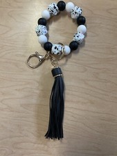 Geometric Black  White Silicone Beaded Wristlet Keychain With Tassel