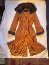 Ladies Coat In Suede Konjac Colour With Elaborate Grey Fox Fur Collar