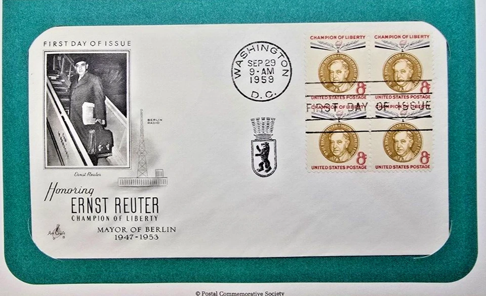1959 FDC, Honoring Ernst Reuter Champion of Liberty Art Craft 8c Mayor Of Berlin - Image 2 of 3