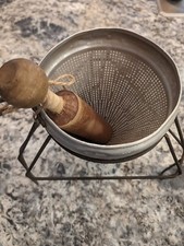 Steel Frame Cone Sieve Food Mill Wood Pestle & Stand Chinois Strainer Vintage 