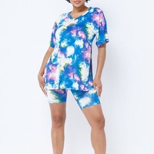 NWT Activewear Blue Multi Tie Dye Stretchy Top and Biker Shorts Set Size Medium