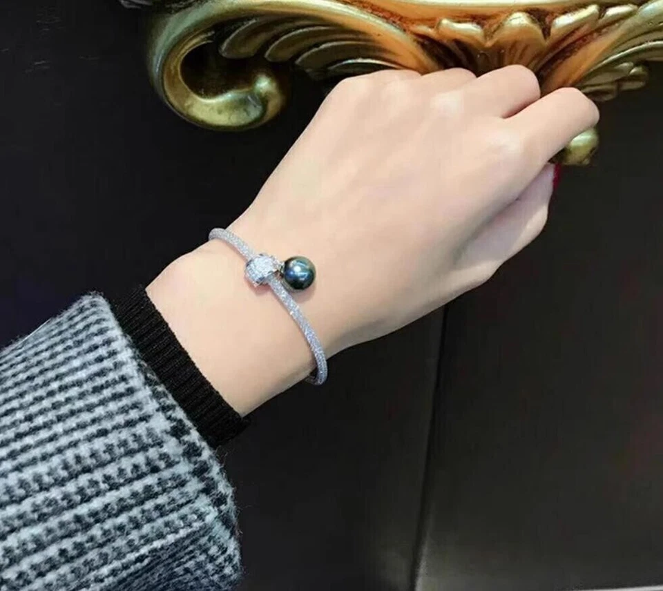 Precioso Brazalete Enorme AAA 10-11mm Mar del Sur Negro Verde Perla Redonda 925s Foto 2 de 4