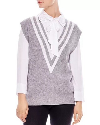 Sandro Women Gray White Tabby Striped Sweater Vest Wool Cashmere Blend Size 1