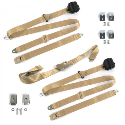 Chevy Impala 1965 - 1970 Standard 3pt Tan Retractable Bench Seat Belt Kit w/ Bra