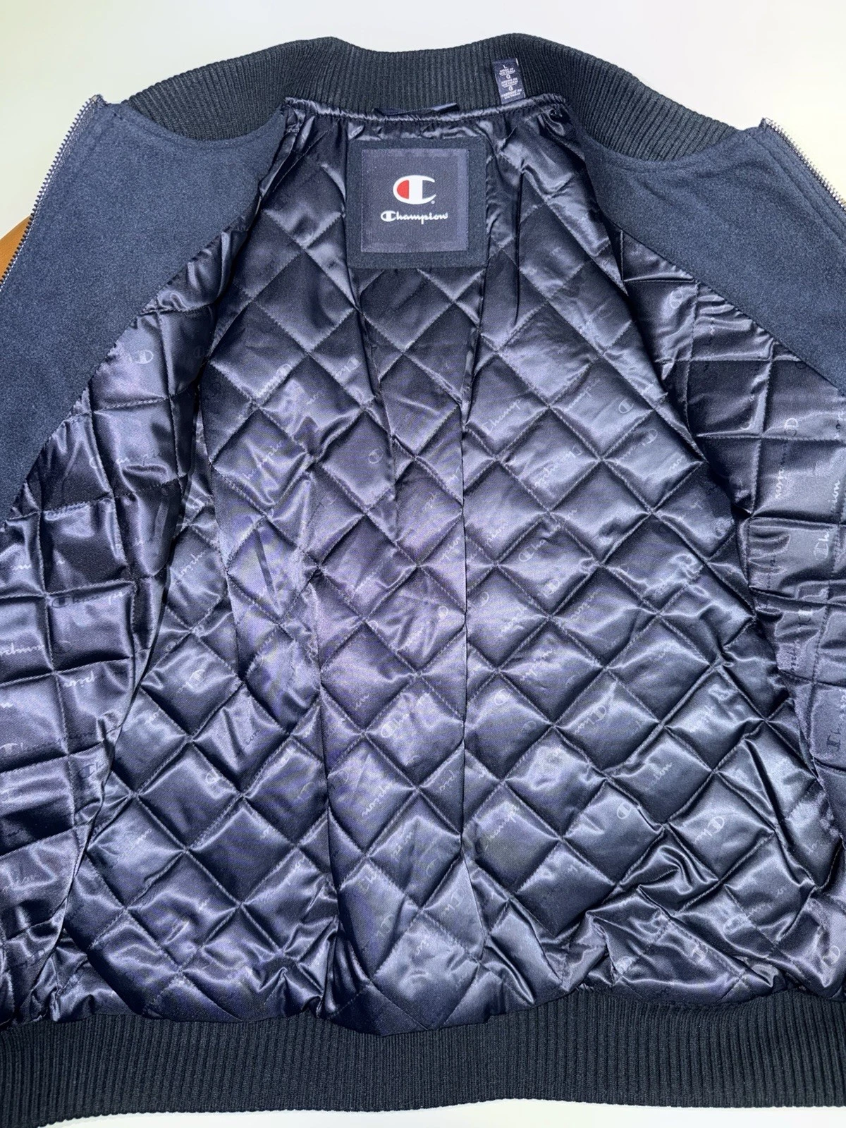 Champion Men's Mixed Media Varsity Bomber Jacket Navy Brown (LARGE) CH5RP290 🐅 image 9