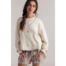Free People Oversized Comfort Zone V Neck Pullover Sweatshirt Oatmeal Large NWT