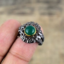 Green Onyx Black And Gold Plated 925 Sterling Silver Ring S.7.5 R87011