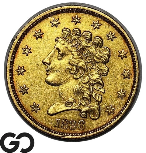 1836 Gold Quarter Eagle, $2.5 Gold Classic Head, Choice AU