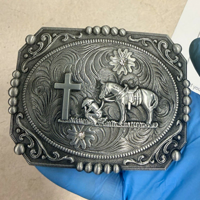 Silver Metal Western Belt Buckle Horse Cross Floral Rhinestone Fits 1.5 in
