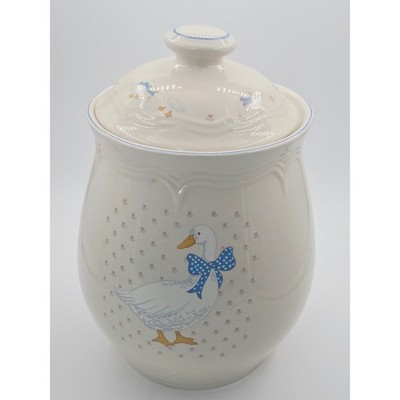 Tienshan Aunt Rhody Goose Large Stoneware Canister with Lid Blue Bow Vintage