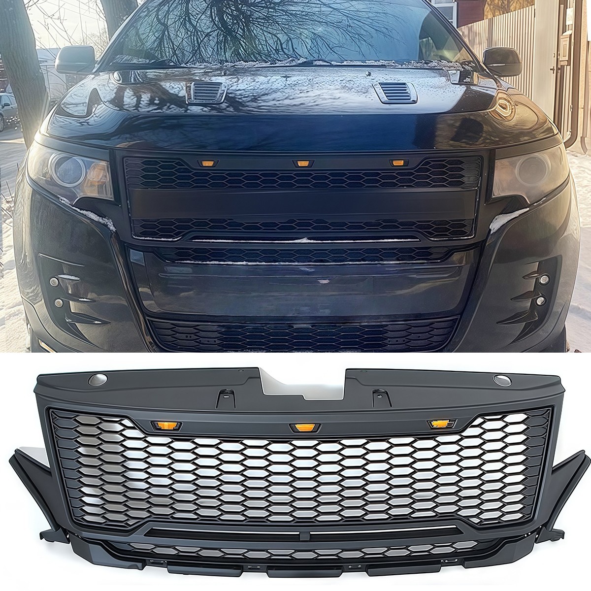 Black Front Grille Fit For 2011 -2014 Ford Edge Upper Bumper Grille W/Led Lights