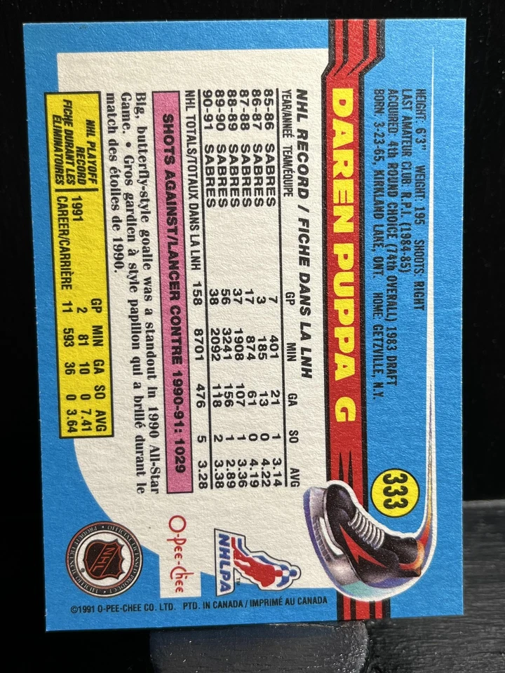Daren Puppa #333 1991-92 O-Pee-Chee Buffalo Sabres - Image 2 of 2