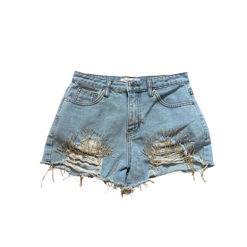 Denim Blvd Distressed Rhinestone Shorts Womens Light Blue High Rise SIZE S