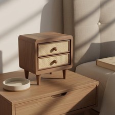 Wooden Rattan Drawer Box Handwoven Cane Front Mini Desk Storage Box Space