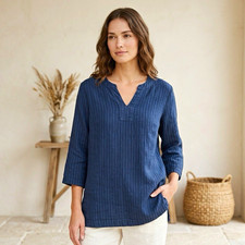 Hot Cotton 100% Linen Tunic Top Navy Blue Size L Made in USA V-Neck Lagenlook