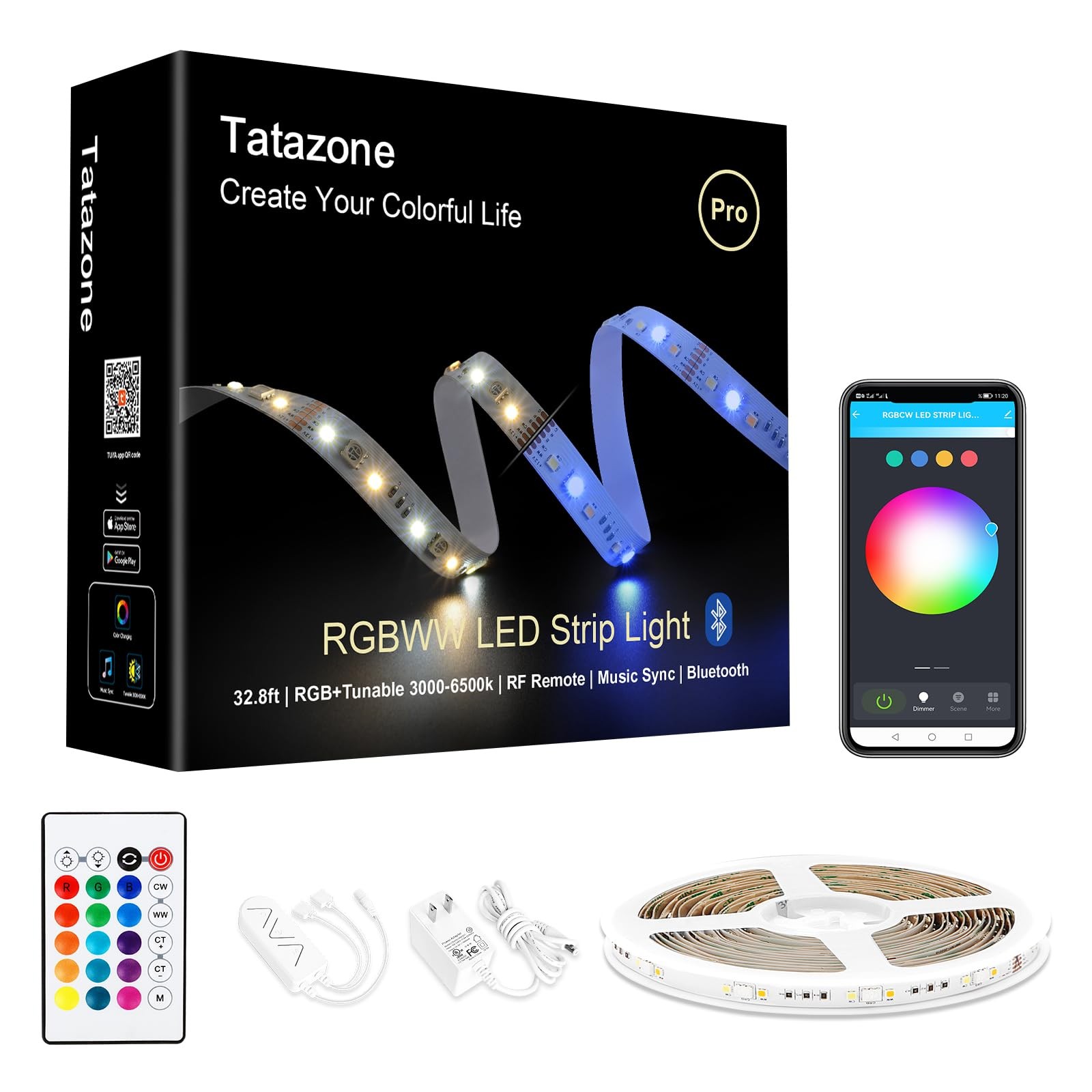 RGBWW Bluetooth LED Strip Lights, 32.8ft Tunable White 3000K to 6500K+RGB Led...