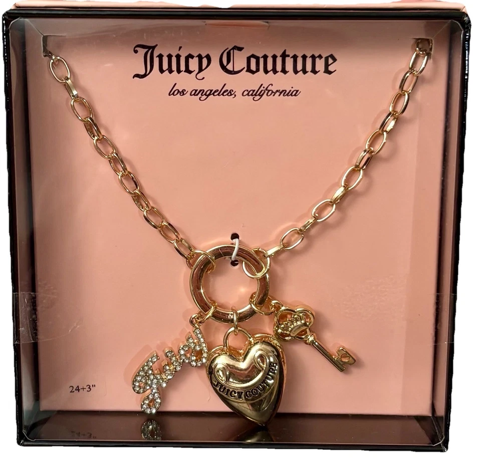 JUICY COUTURE Colar Berloque Elos Curvos de Ouro Coração Inchado Chave Strass CAIXA DE PRESENTE - Imagem 4 de 4