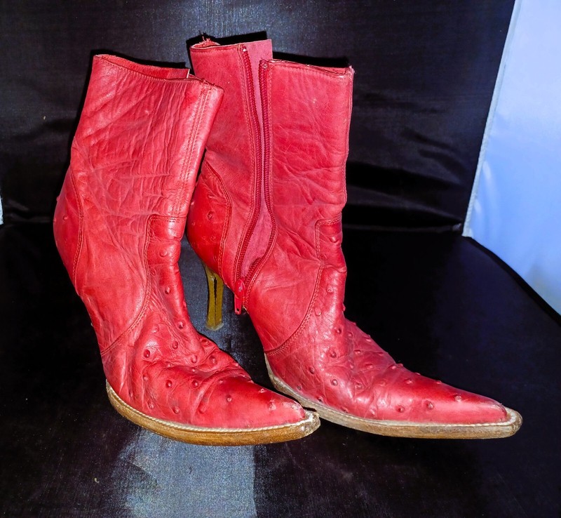 Women Shoes Red 6 1/2 Ostrich Print Pointed Toe ankle boots heel zipper