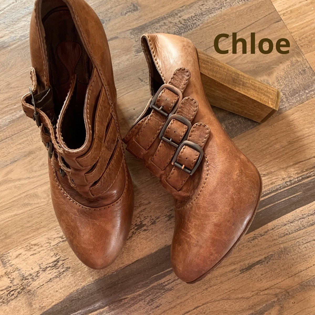 CHLOE BROWN LEATHER BUCKLED CONCEALED PLATFORM Ankle BOOTIES SIZE 39