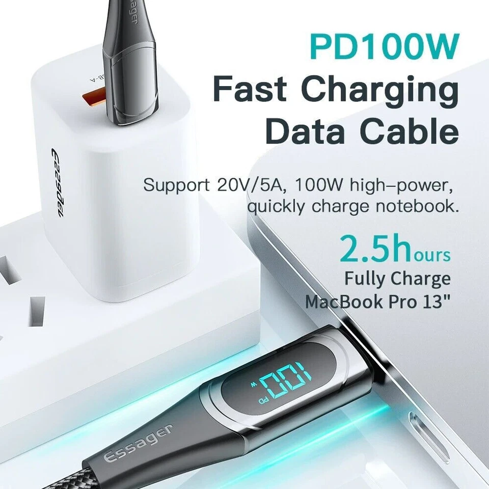 USB C to USB C Cable 5A PD 100W Fast Charging Cord LED Display Type-C Charger  ! - Image 4 of 4