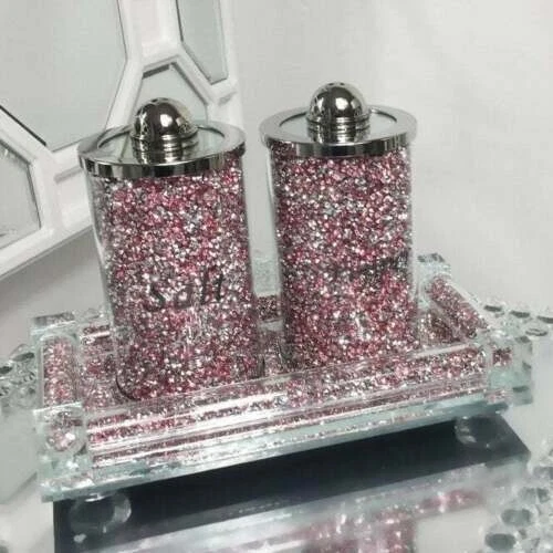 Set of 3 Pink Diamond Crushed Salt & Pepper Canisters Jars With Tray Storage