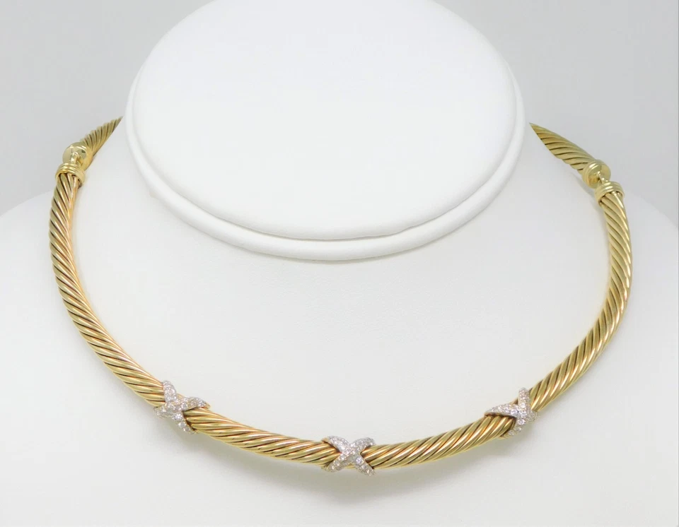 Collar Gargantilla Oro 14 kt DAVID YURMAN 3 Estaciones Diamante X Cable 14.5" B4428 Foto 2 de 4