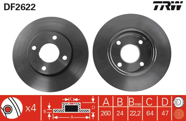 Disque de frein DF2622 TRW anti-vibration au volant pour auto Ford