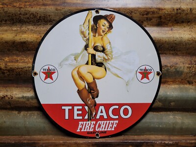 VINTAGE TEXACO PORCELAIN SIGN OLD FIRE CHIEF WOMAN GIRL FIREMAN TEXAS GAS USA