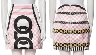 VERSACE WHITE CHAIN PINK GOLD CHECKERED CIRCLE MINI SKIRT USA 4 IT40 GOLD CHARM