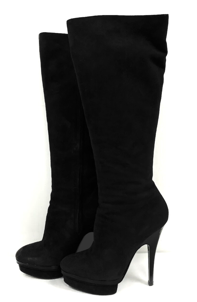 Stivali al ginocchio Yves Saint Laurent antracite pelle scamosciata plateau taglia UK 5 EU 38