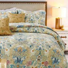 COZY COTTAGE BOHO BEACH BLUE TEAL AQUA GREEN PINK YELLOW TROPICAL LEAF QUILT SET