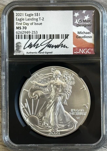 2021 American Silver Eagle Landing T-2 FDOI Gaudioso Signature Label NGC MS-70