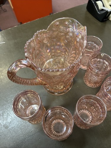 Imperial Lenox Pink Carnival Glass Tiger Lily Water Pitcher & 6 Tumblers Set - Picture 8 of 10