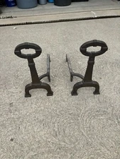 Antique Misson Arts and Crafts Style Pair of Cast Iron Pair Andirons Fireplace