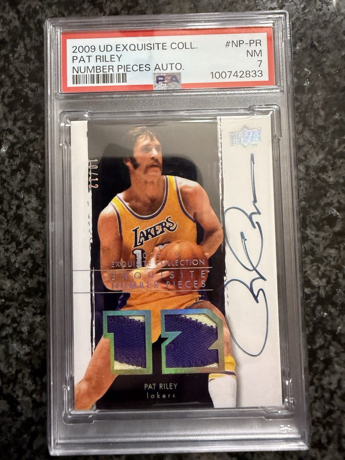 Pat Riley 2009-10 Upper Deck Exquisite Number Pieces Patch Auto /12 Lakers PSA 7