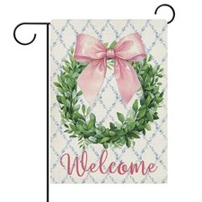 Welcome Pink Bow Wreath Decorative Garden Flag, Coquette Ribbon 12" x 18"