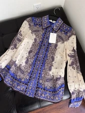 NWT Zimmermann Maxine Paisley Blouson Sleeve Ramie Button Shirt 0 US4
