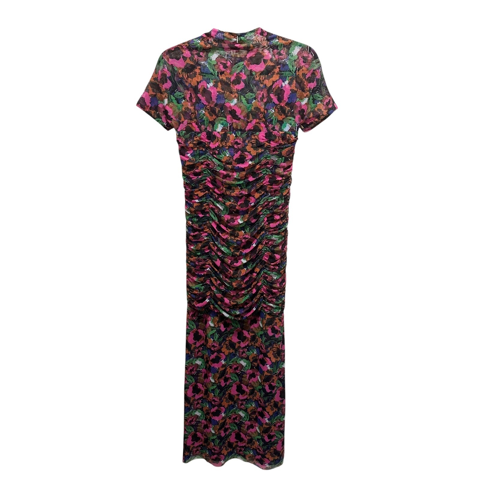 MISA Size S Los Angeles Marilyn Floral Ruched Midi Dress Jewel Tone Mesh Womens