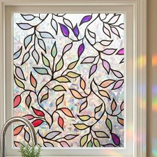 Colored Leaf Etched Window Privacy Film Static Cling 3D Prism Rainbow Decorat...