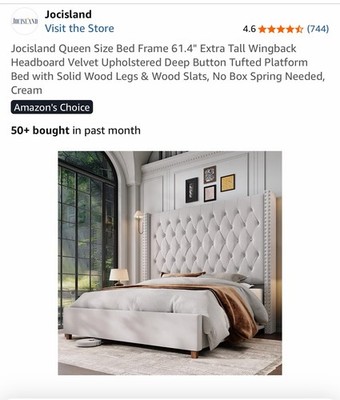 Jocisland Queen Size Bed Frame with 51.6  Wingback Tufted Velvet Headboard, Mode